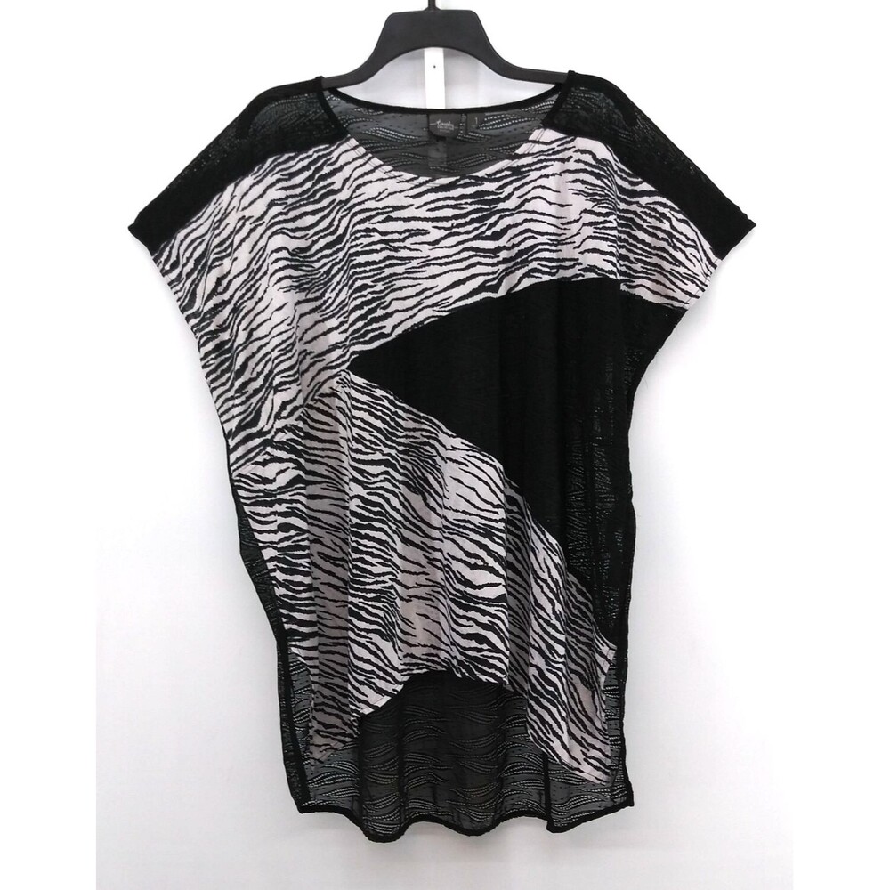 Chicos Blouse Women Size 1 Black White Animal Print Partial Sheer Round Neck Top